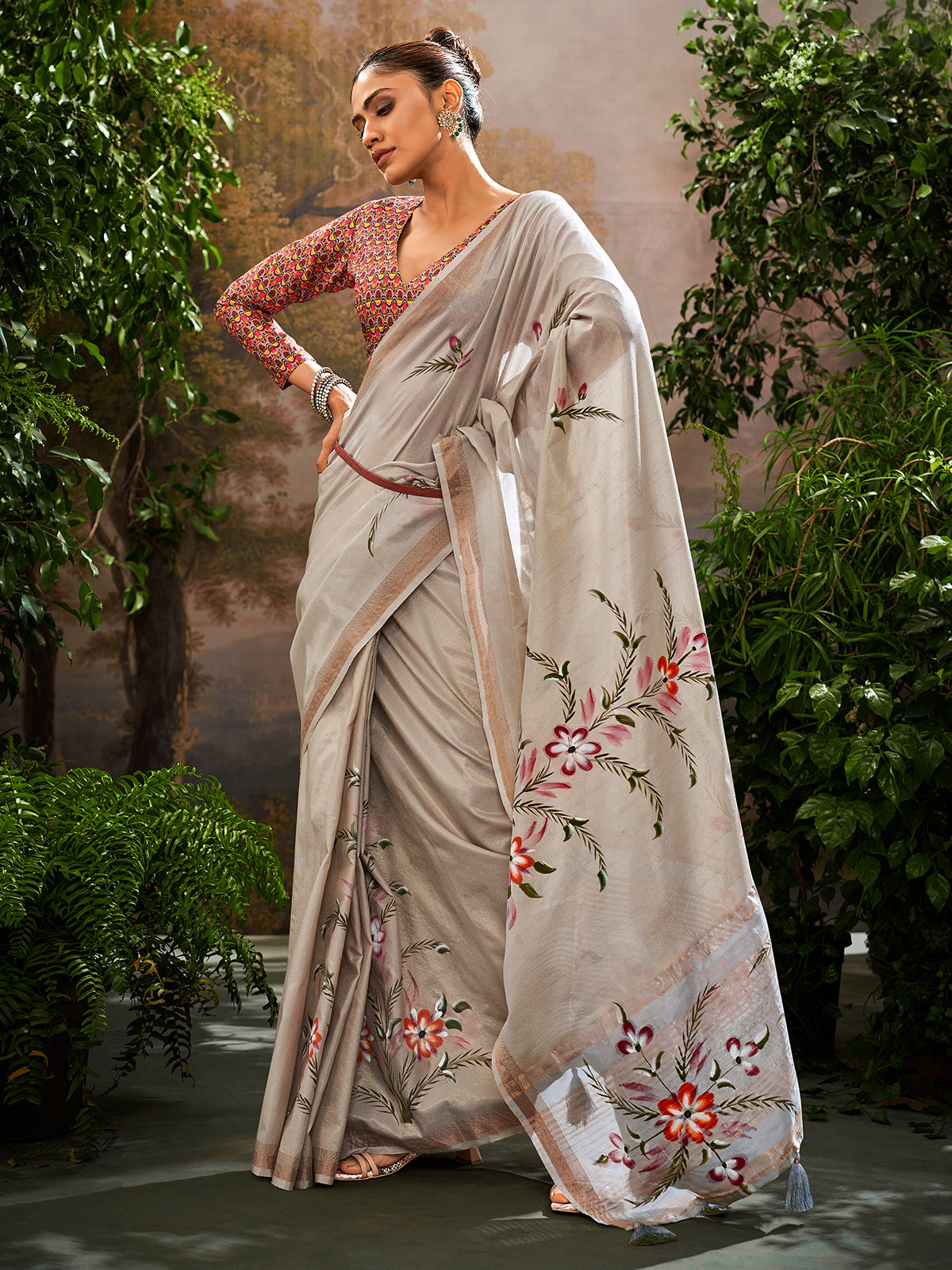 Grey printed linen saree for women festive wear