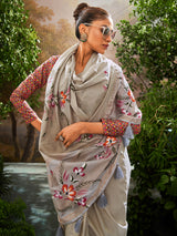 Grey printed linen saree for women festive wear