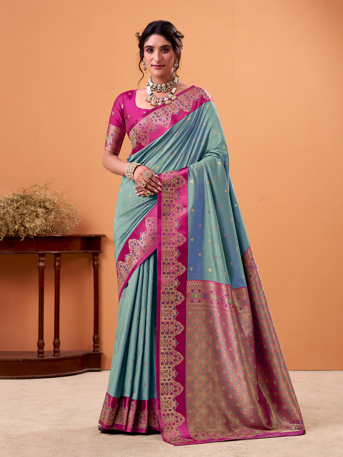 Grey satin silk saree with zari motifs