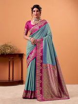 Grey satin silk saree with zari motifs