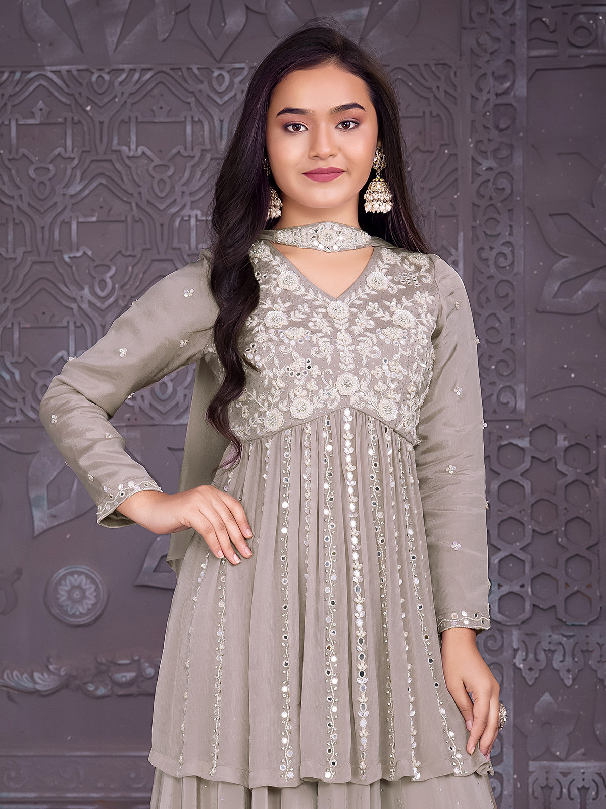 Grey silk full sleeve palazzo ensemble for festive