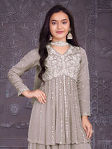 Grey silk full sleeve palazzo ensemble for festive