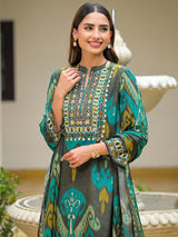 Grey silk printed festive kurti set