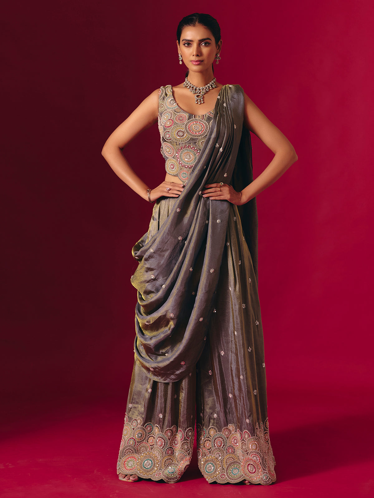 Grey silk sequinned designer palazzo suit for receptions