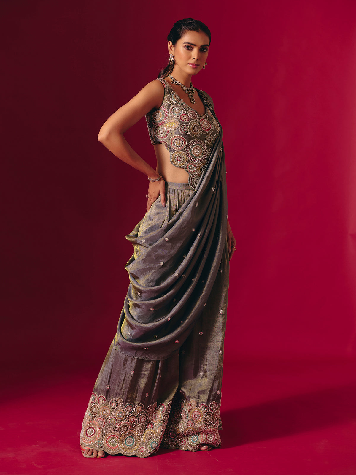 Grey silk sequinned designer palazzo suit for receptions