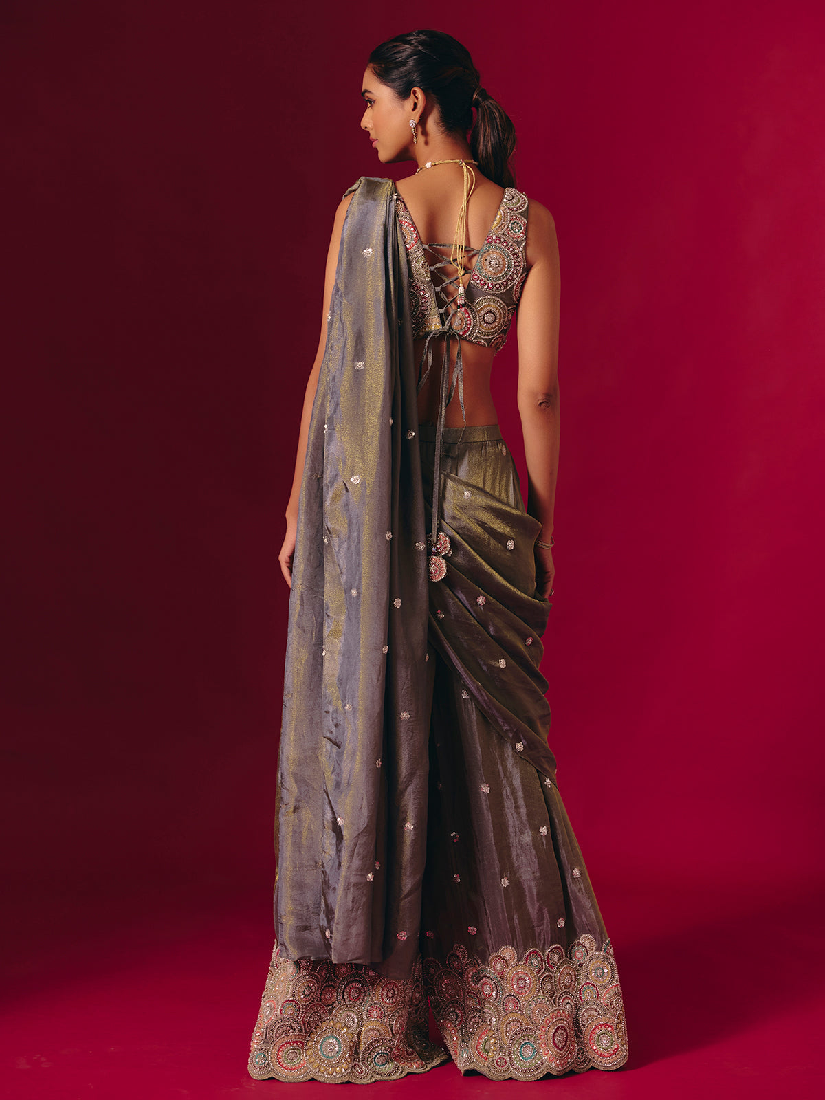 Grey silk sequinned designer palazzo suit for receptions