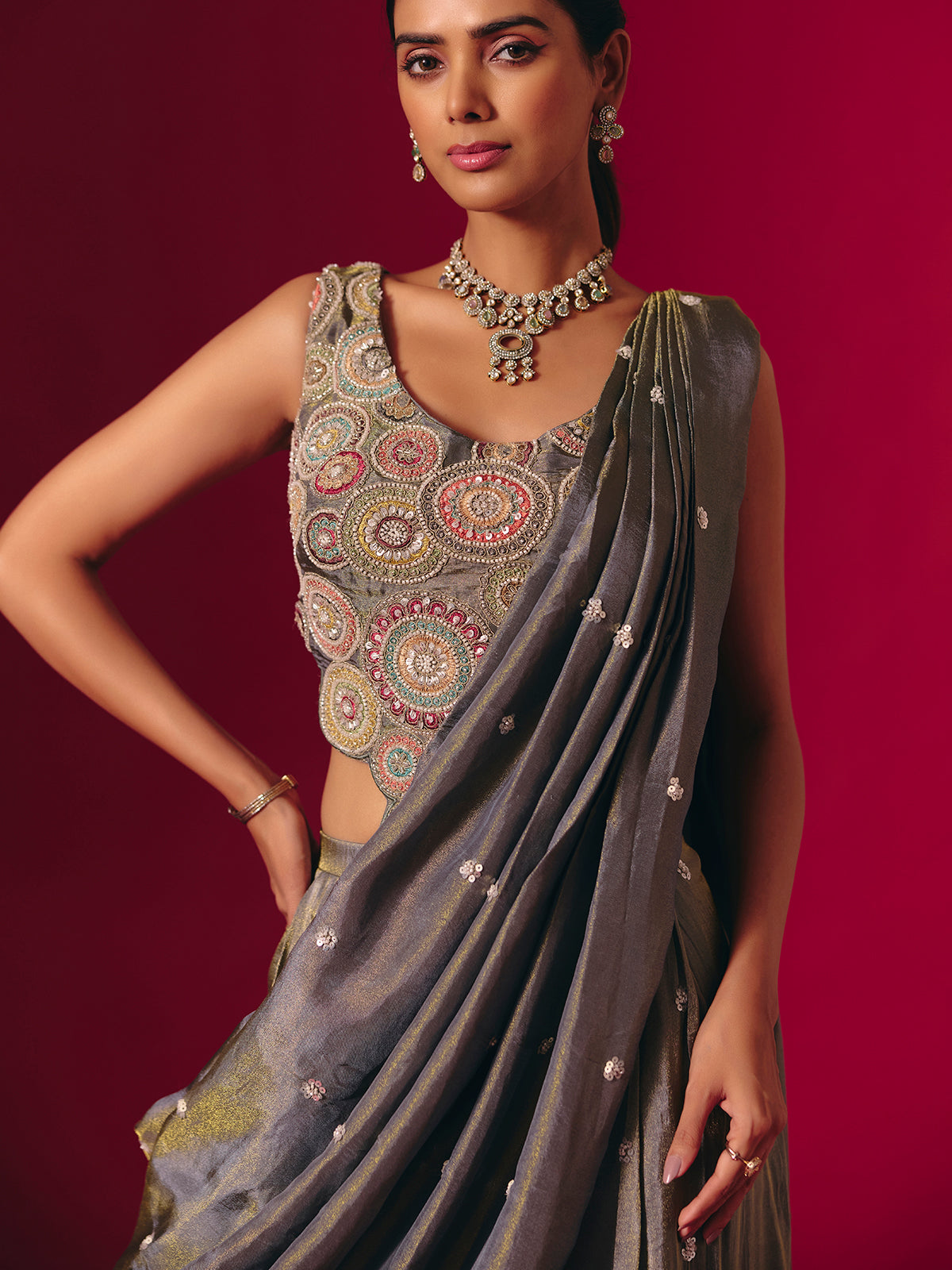 Grey silk sequinned designer palazzo suit for receptions