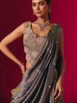 Grey silk sequinned designer palazzo suit for receptions