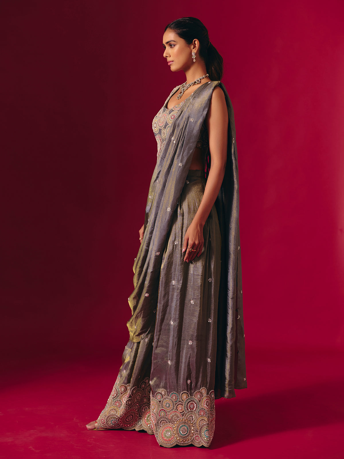 Grey silk sequinned designer palazzo suit for receptions