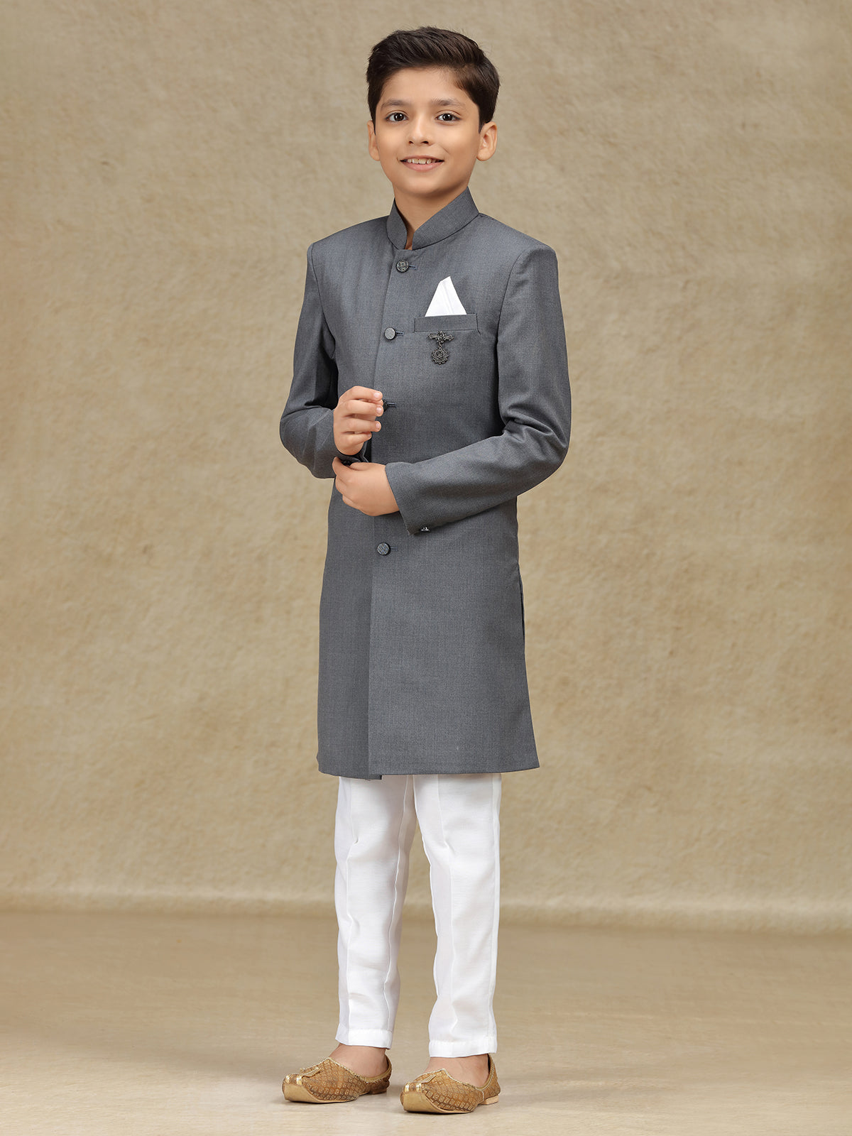 Grey terry rayon reception wear indowestern