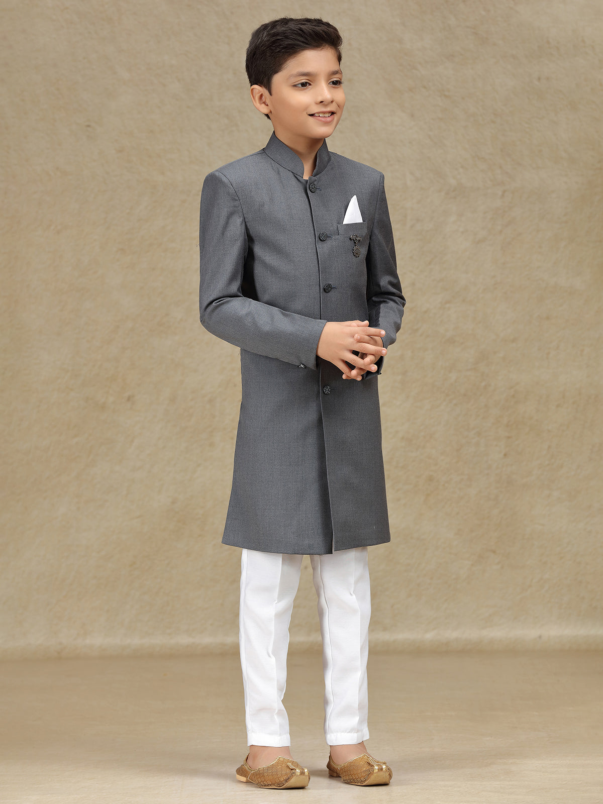 Grey terry rayon reception wear indowestern