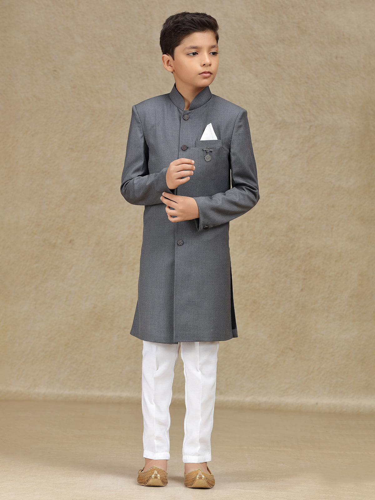 Grey terry rayon reception wear indowestern