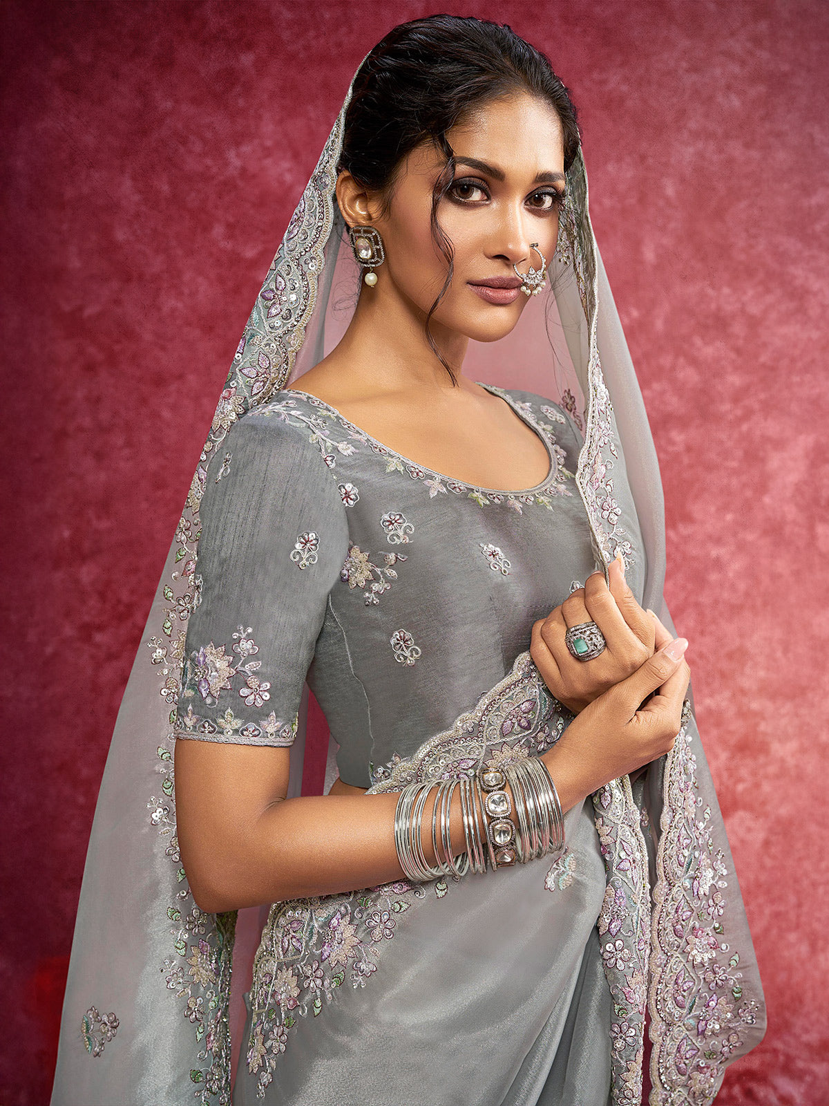 Grey wedding wear saree in tissue silk