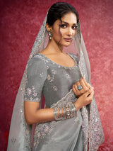 Grey wedding wear saree in tissue silk