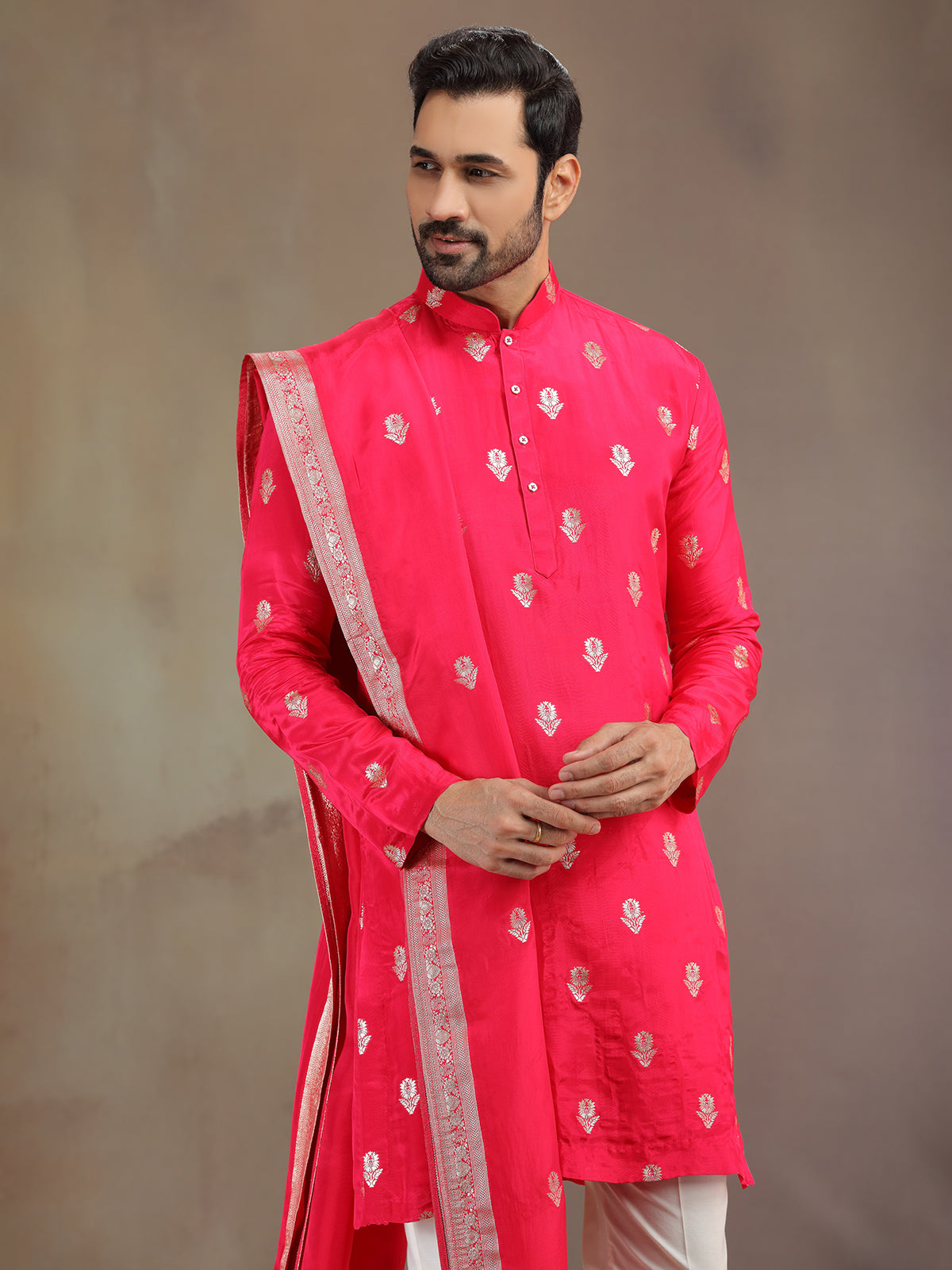 Hot pink silk men kurta pajama with dupatta