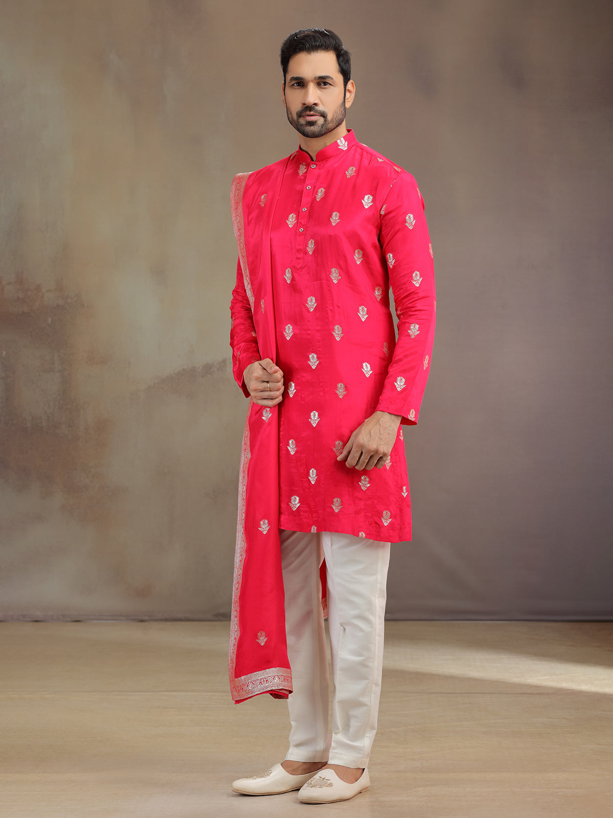 Hot pink silk men kurta pajama with dupatta