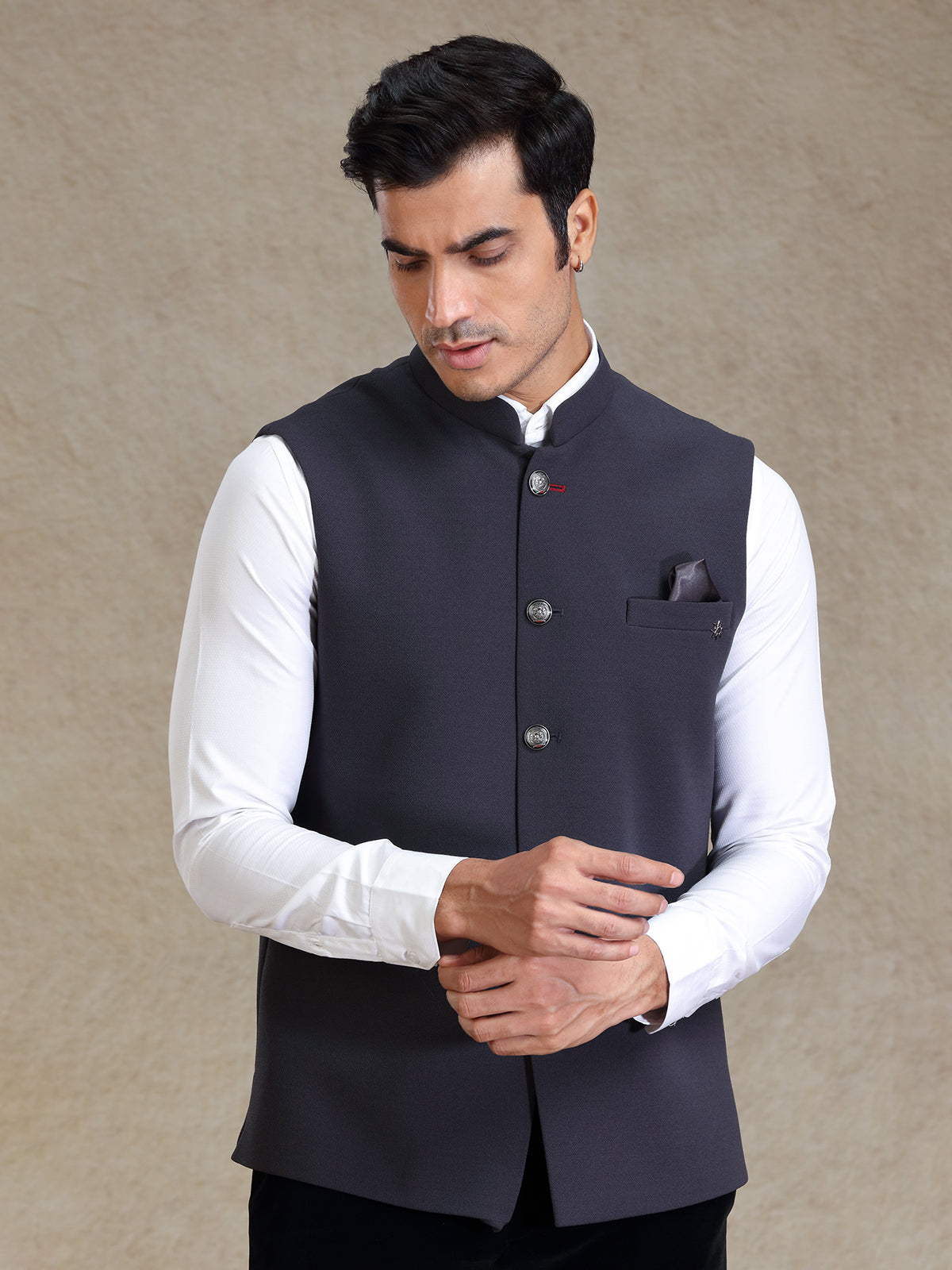 Ink grey textured jute fabric nehru jacket for men