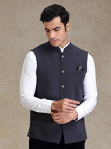 Ink grey textured jute fabric nehru jacket for men