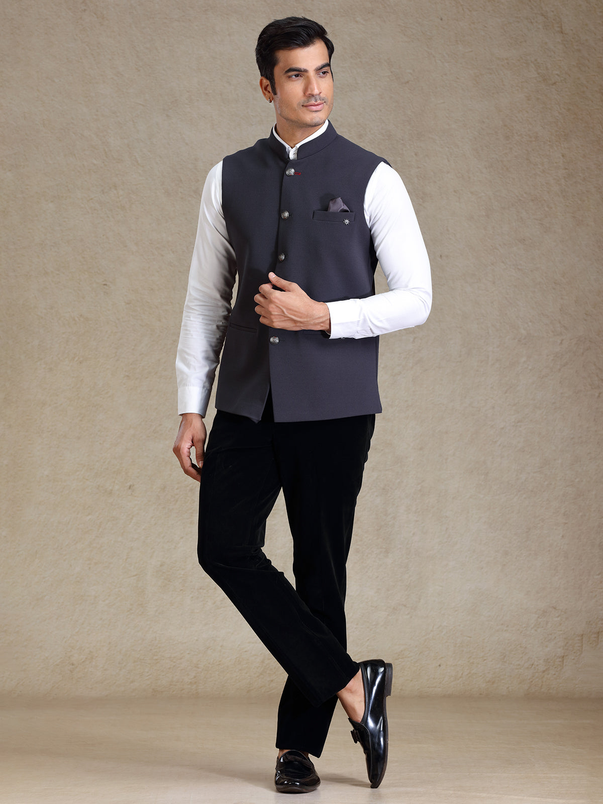 Ink grey textured jute fabric nehru jacket for men