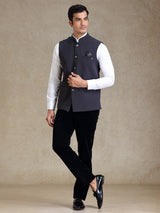 Ink grey textured jute fabric nehru jacket for men