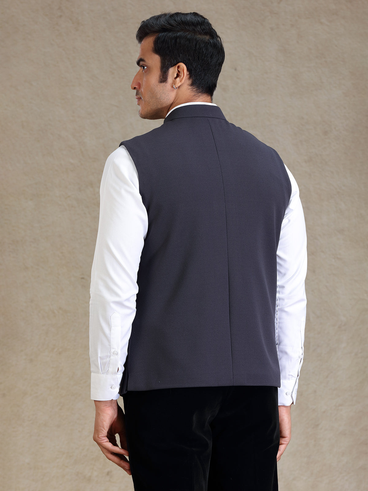 Ink grey textured jute fabric nehru jacket for men