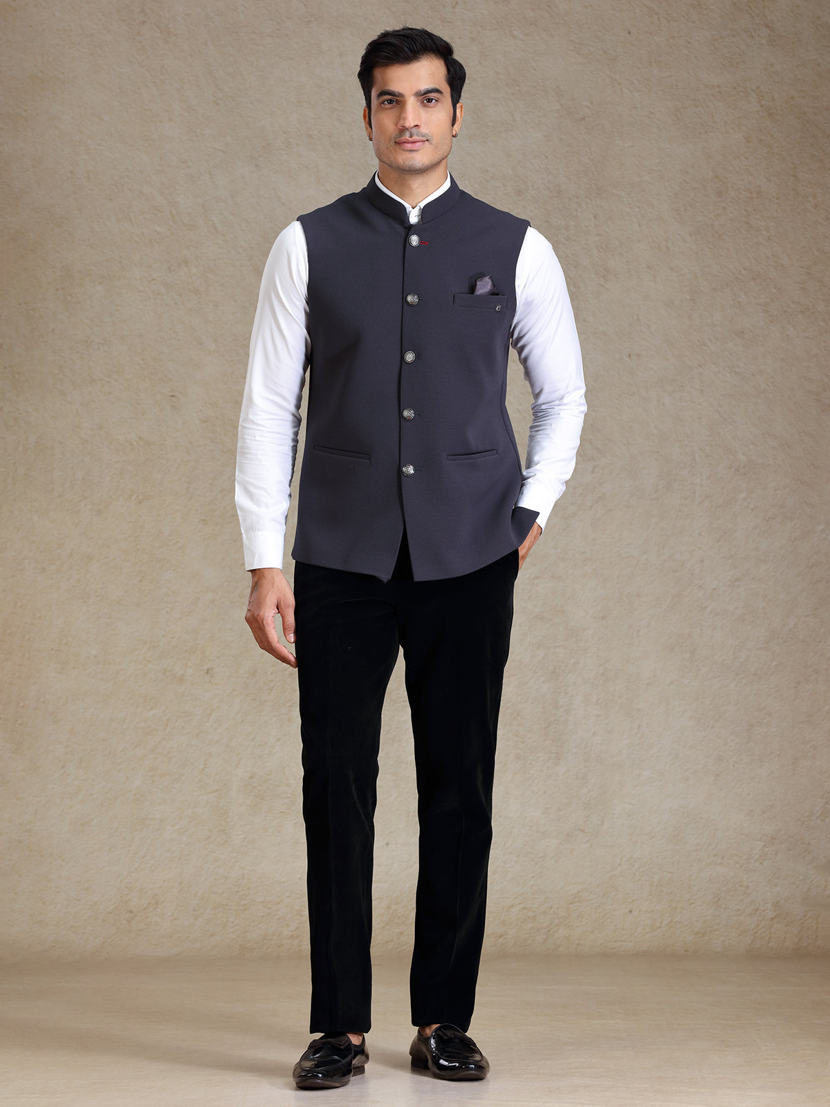 Ink grey textured jute fabric nehru jacket for men