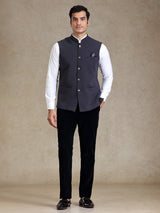 Ink grey textured jute fabric nehru jacket for men