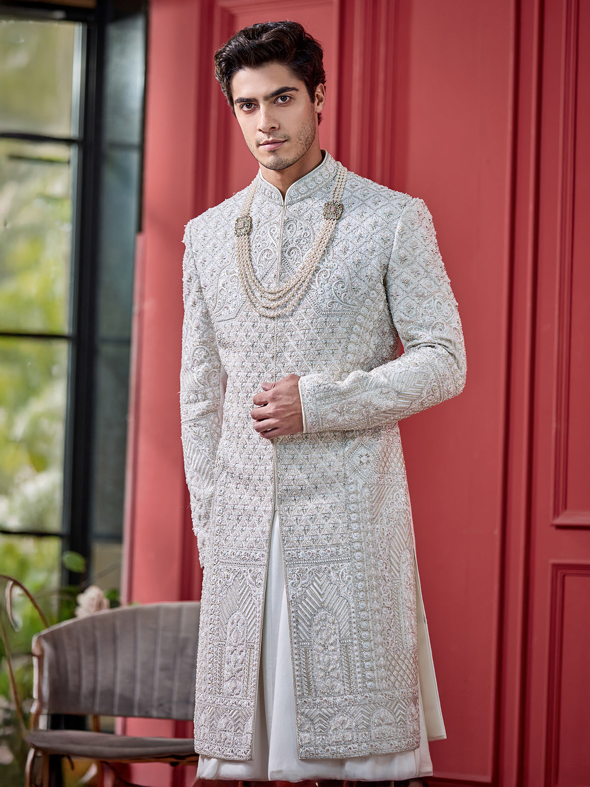 Ivory cream peshwahi sherwani in silk
