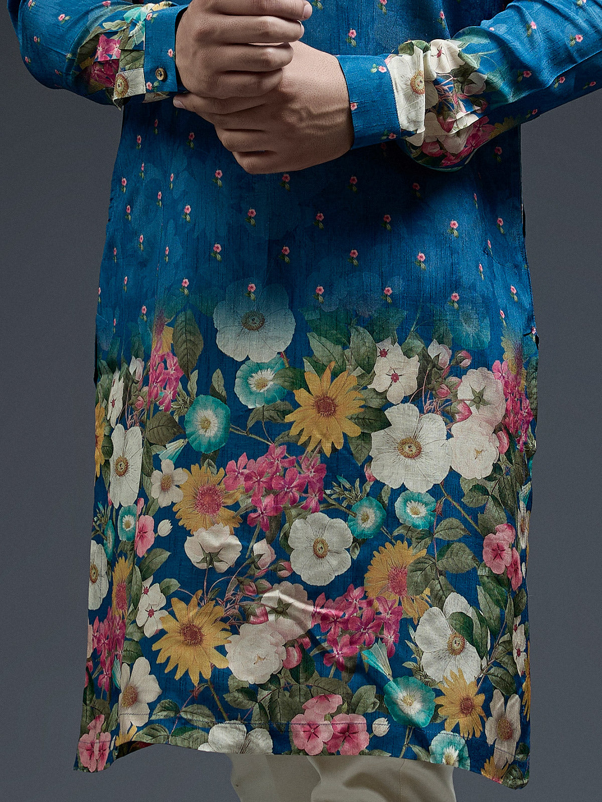 Latest blue flower floral printed kurta suit in silk