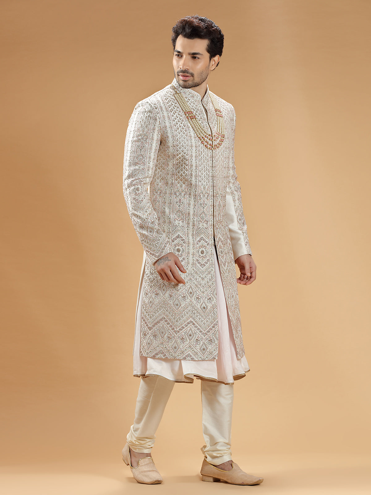 Latest cream raw silk sherwani