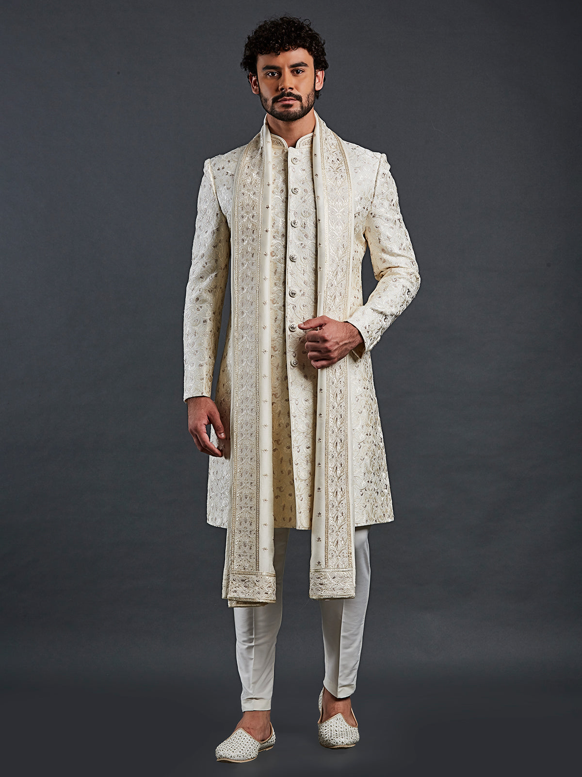Latest cream raw silk sherwani for men