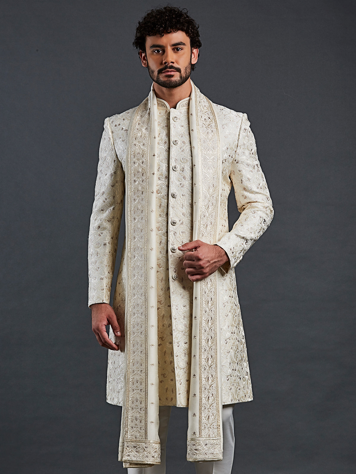 Latest cream raw silk sherwani for men