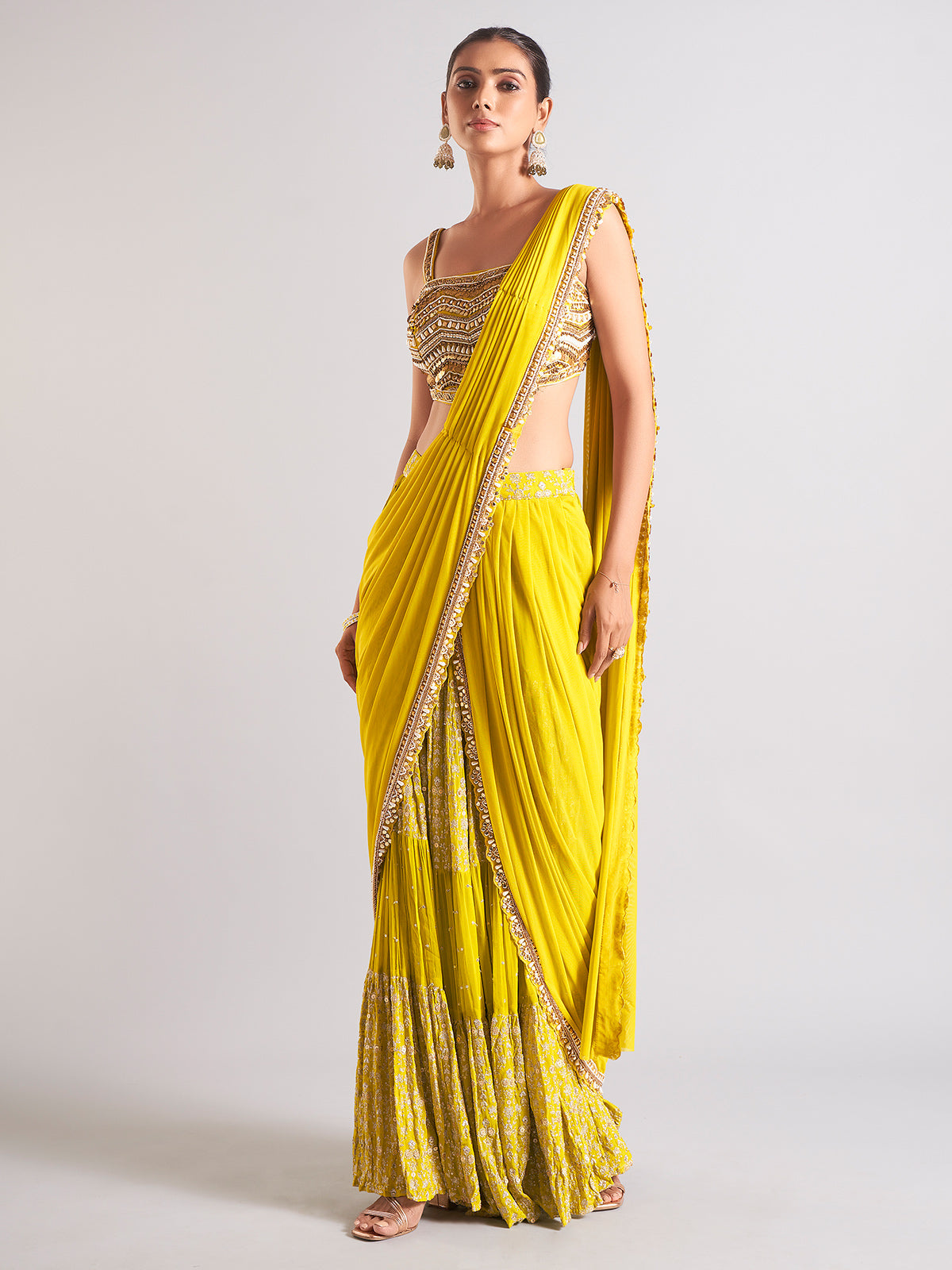 Latest yellow georgette ready to wear saree