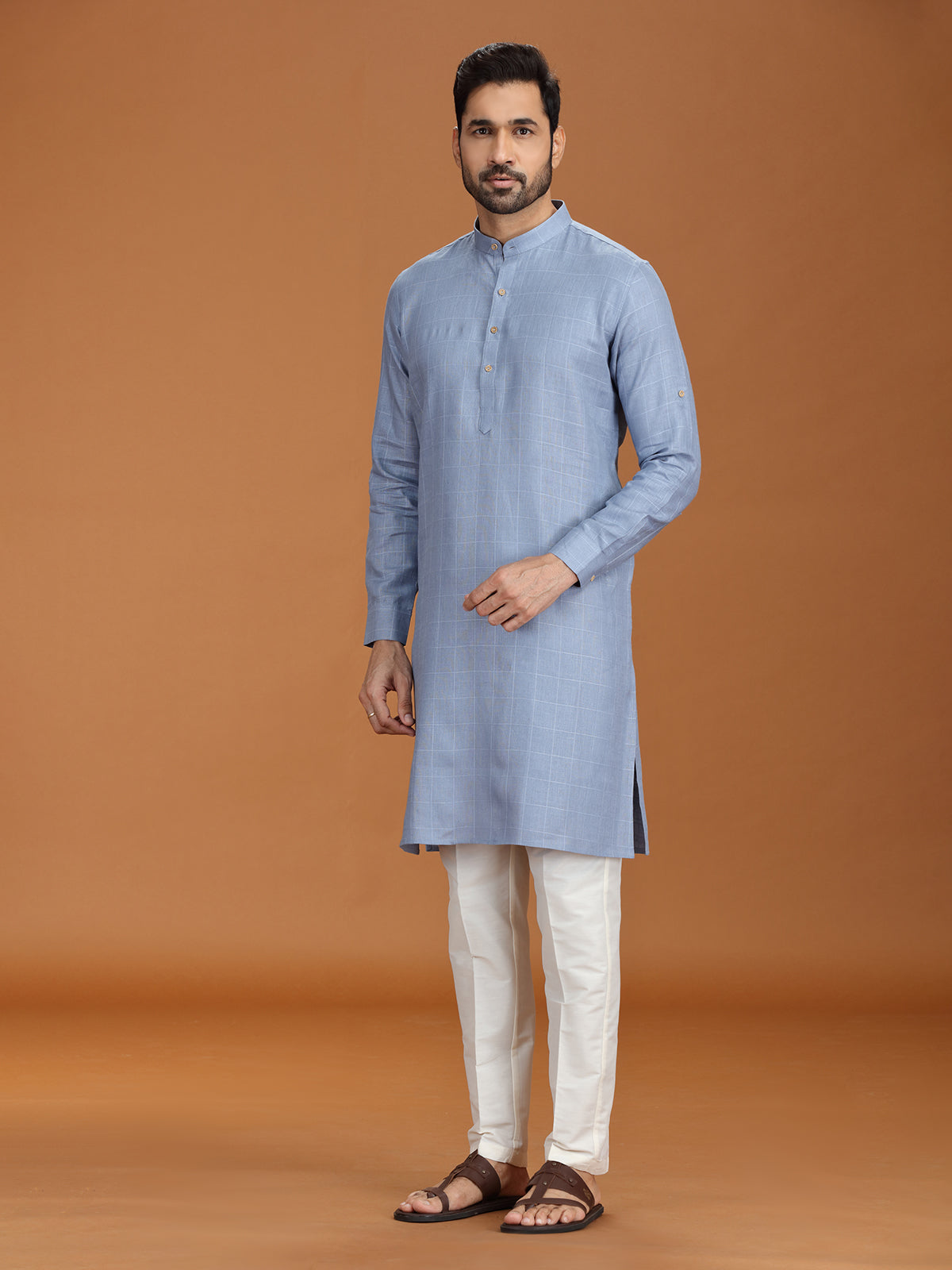 Light blue checked kurta set with bottom