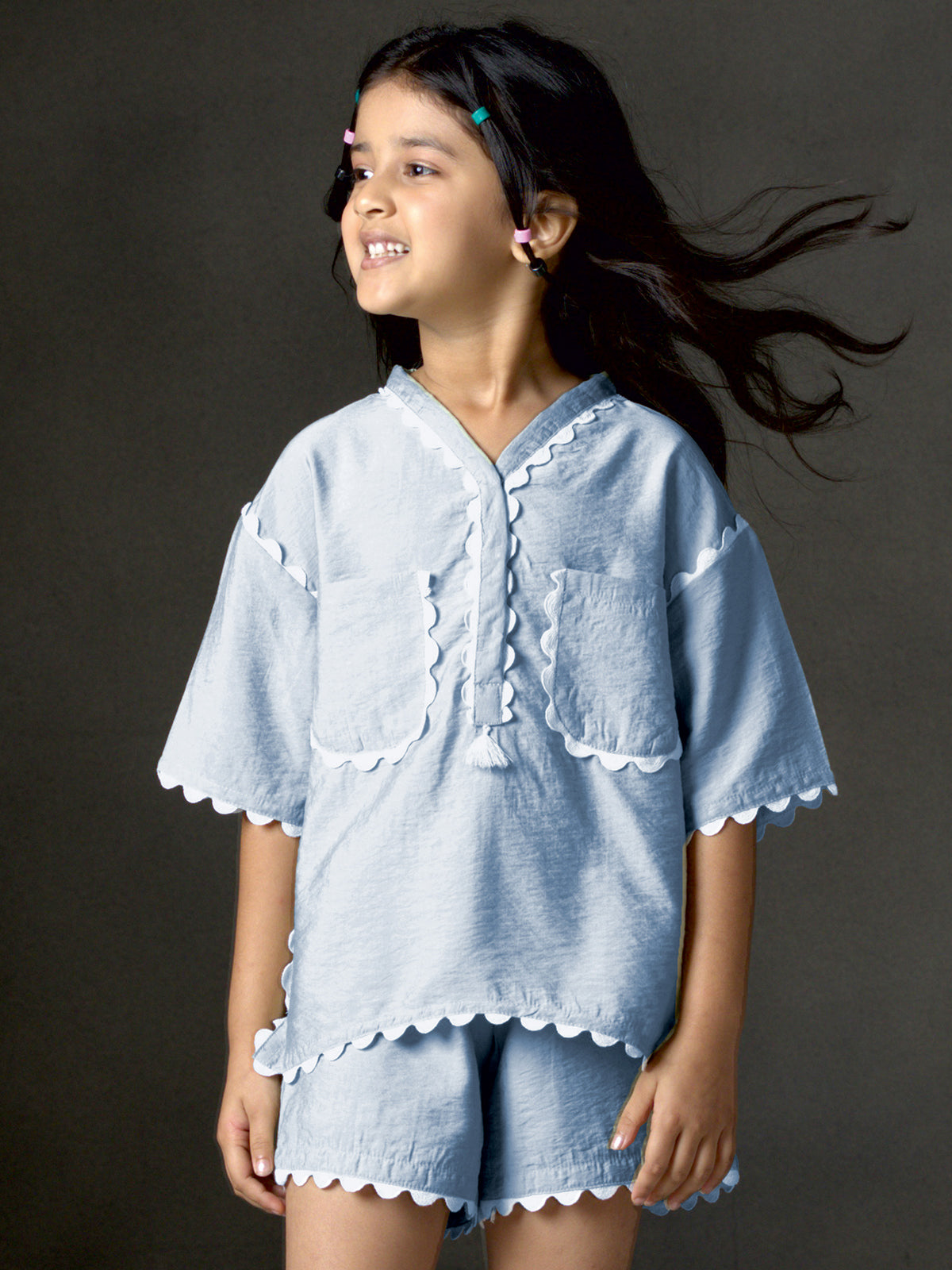 Light blue cotton silk V neck co-ord set for girls