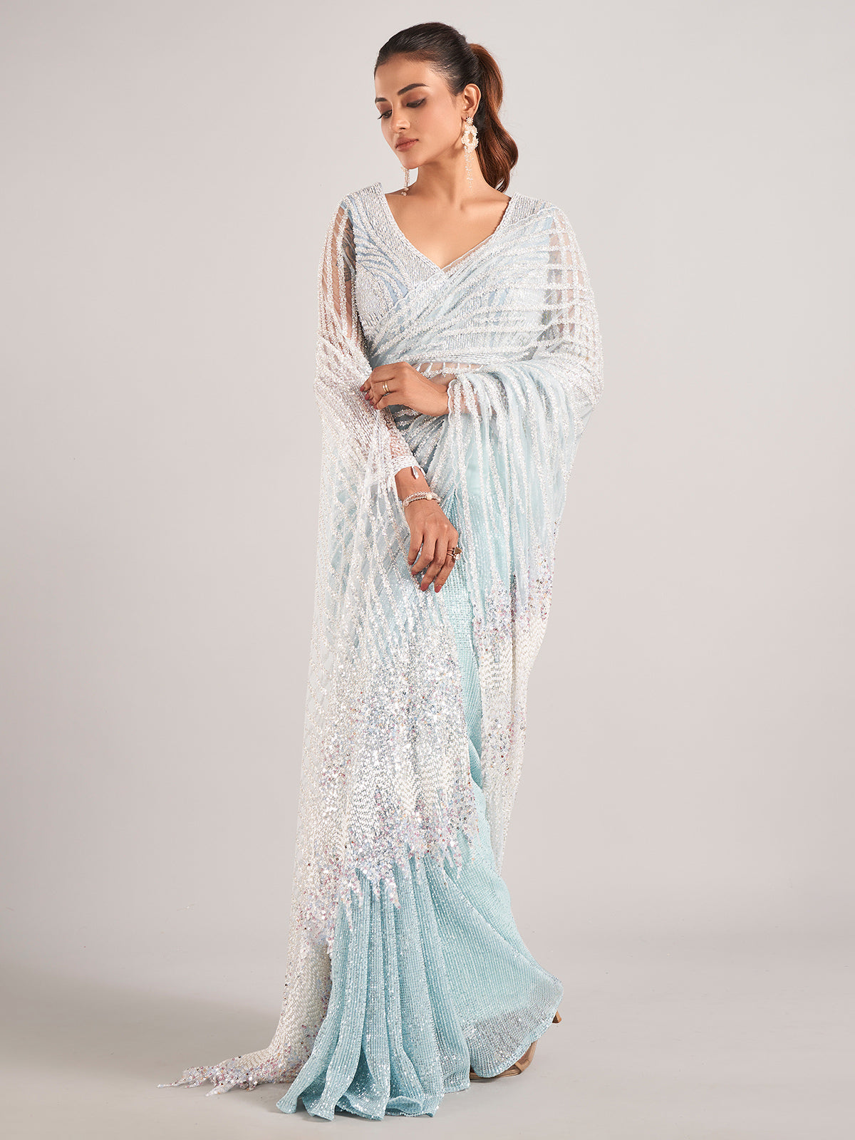Light blue net with designer saree