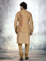 Light brown jute and munga silk printed waistcoat set