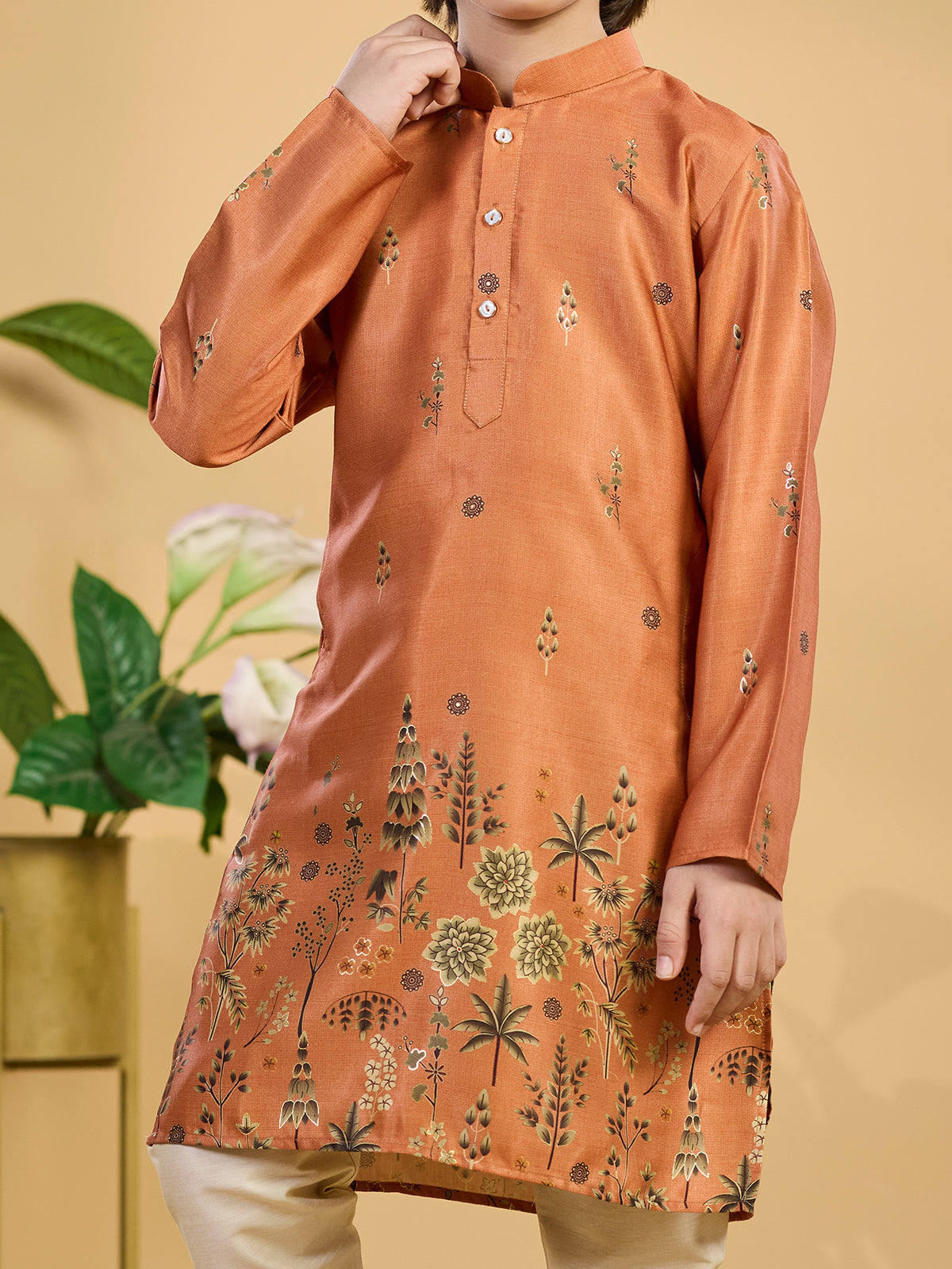 Light brown printed silk kurta suit for festival