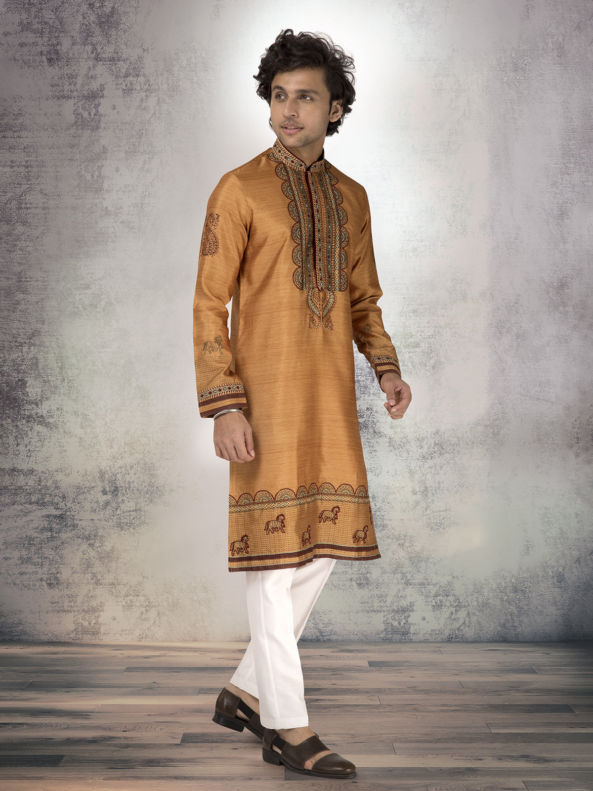 Light brown silk thread and resham work kurta suit