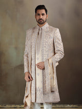 Light gold crochet long jacket sherwani with dupatta