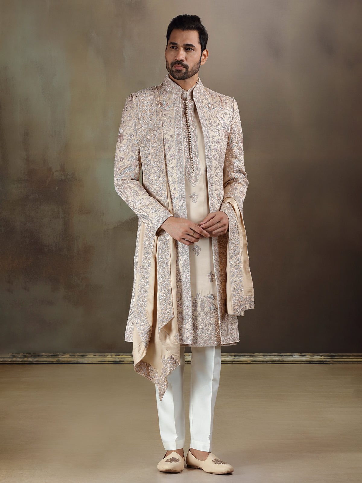Light gold crochet long jacket sherwani with dupatta