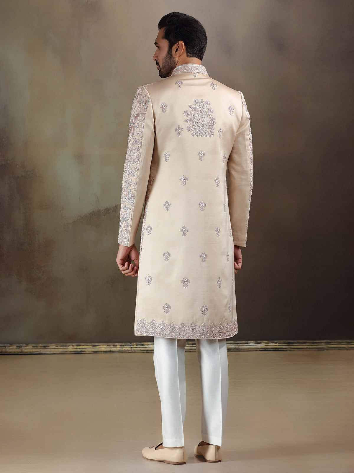 Light gold crochet long jacket sherwani with dupatta
