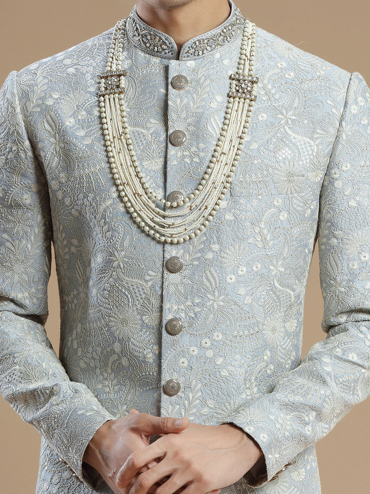 Light grey lavish groom wear sherwani in raw silk