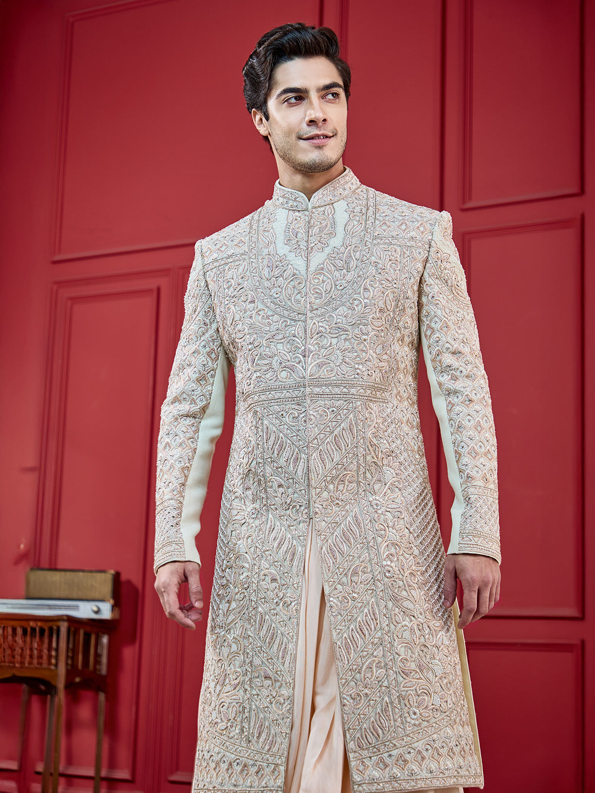 Light peach silk peshwahi sherwani for groom