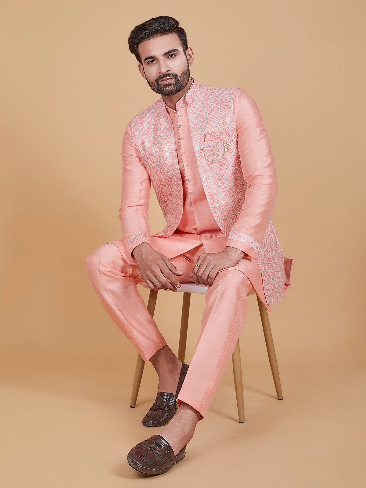 Light pink printed raw silk indowestern