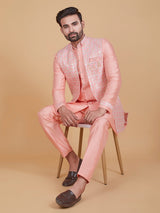 Light pink printed raw silk indowestern