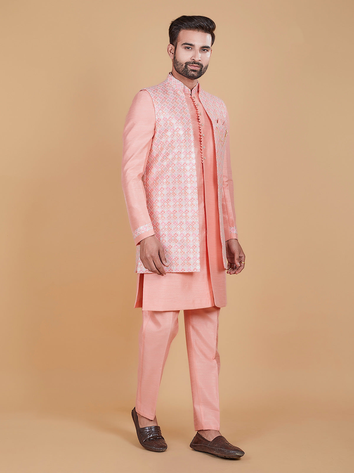 Light pink printed raw silk indowestern
