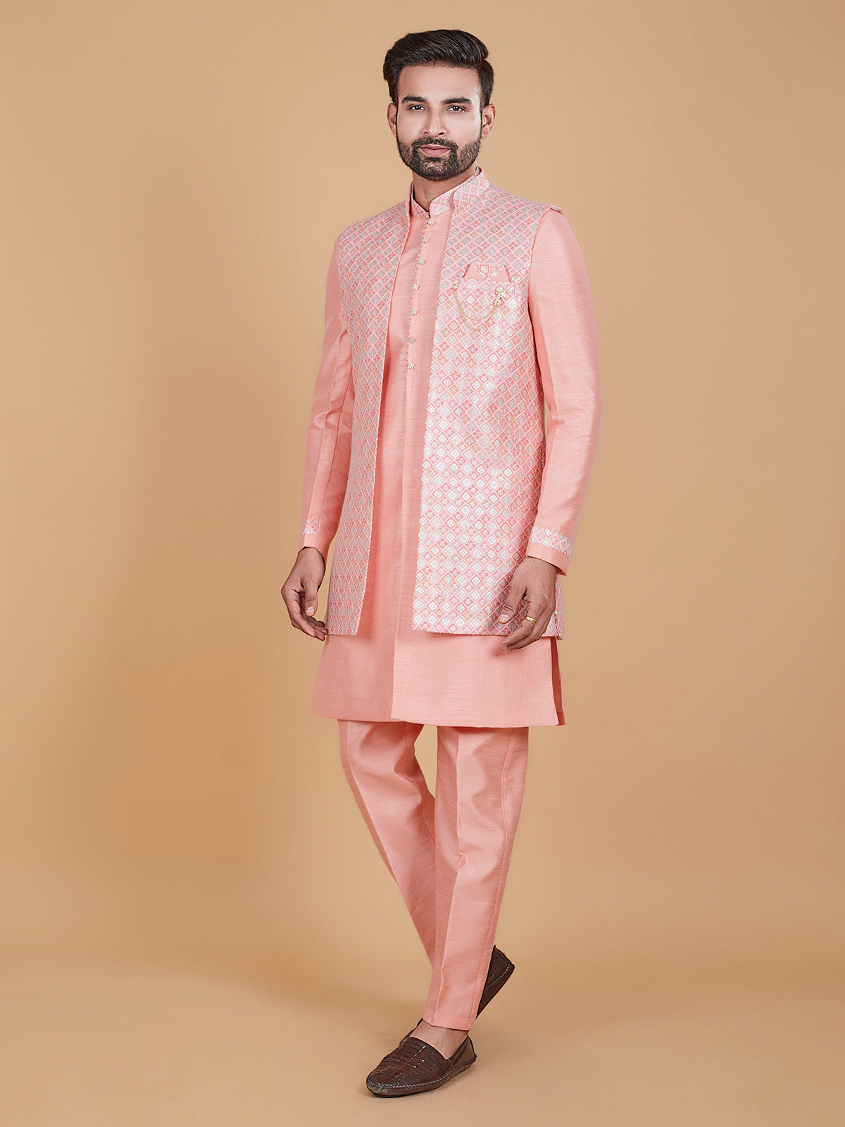 Light pink printed raw silk indowestern