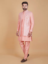 Light pink printed raw silk indowestern