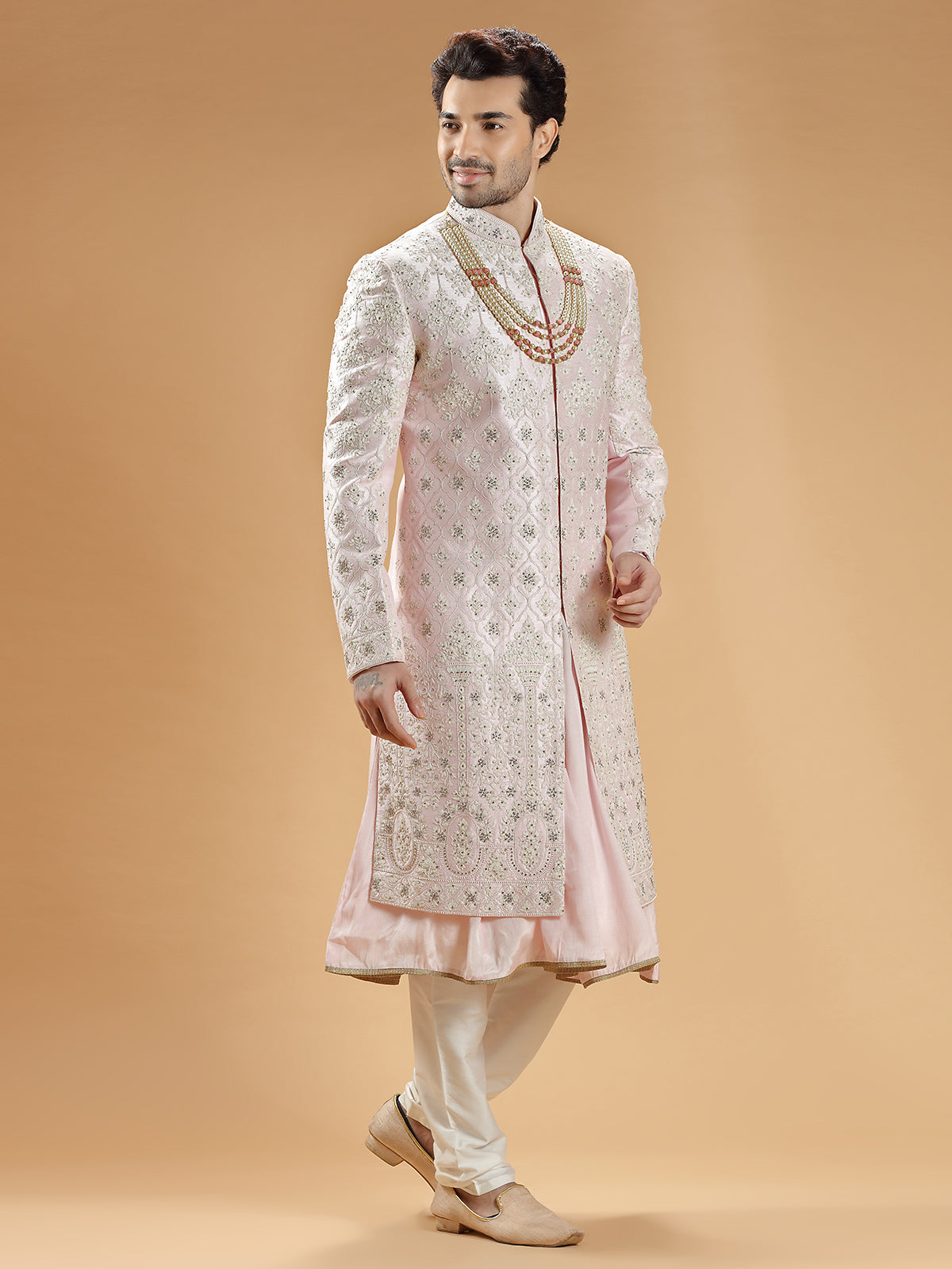 Light pink raw silk groom sherwani